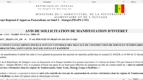 Sélection d’un consultant pour suivi des travaux de construction de services vétérinaires dans les régions de Tambacounda, Saint-Louis, Matam, Louga et Kaffrine